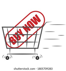 The big red square button buy now, one in a shopping trolley. Vector illustration for websites, prints and stationery.