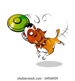 big red staffordshire terrier playing with green disc