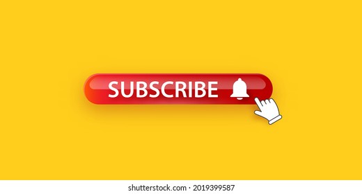 BIg red subscribe button with ring bell isolated on orange background. Subscribe banner design template with glossy Subscribe video or channel button and hand