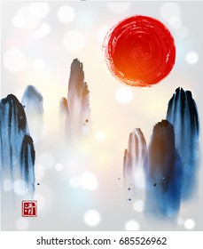 Big red sun and high blue mountains on white glowing background. Traditional oriental ink painting sumi-e, u-sin, go-hua. Hieroglyph - clarity. Vector illustration.