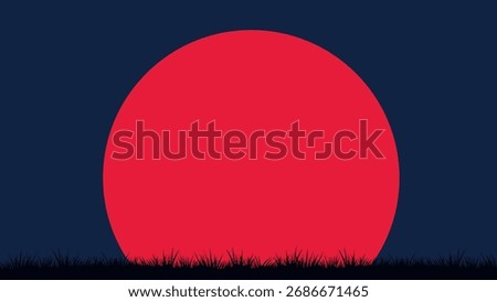 Big red sun on dark night sky background with silhouette of grass field at horizon, minimal Japanese style vector illustration, rising sun concept, abstract landscape scenery, oriental culture design