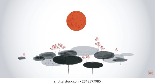 Big red sun over the calm lotus pond. Traditional oriental ink painting sumi-e, u-sin, go-hua. Translation of hieroglyph - eternity.