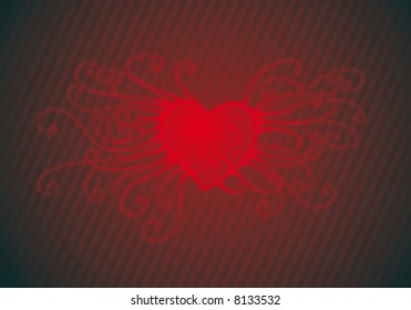 a big red swirl heart  over a lines background
