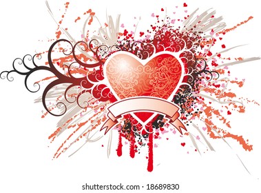 Big red swirl heart with splash background and a scroll