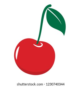 big red, tasty cherry with green leaf
