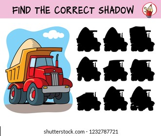 Big red tipper truck. Find the correct shadow. Educational matching game for children. Cartoon vector illustration