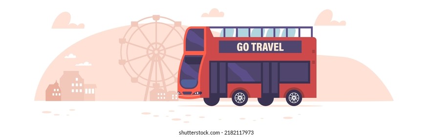 Big Red Touristic Double Decker Bus Side View On Urban Cityscape Background. Electric Drive Vehicle for Tourism, City Tour, Travel, Visit Sightseeing, Commuter Transport. Cartoon Vector Illustration