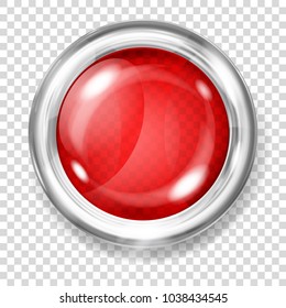 Big red transparent glass button with silver metallic border