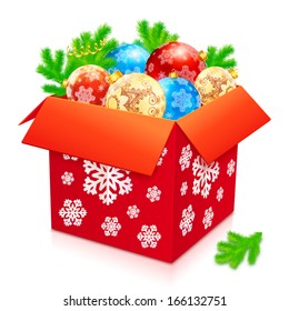 Big red vector box of Christmas balls
