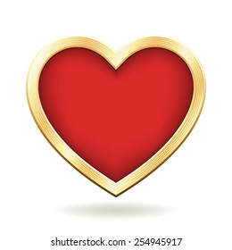 Big red vector heart with a shiny golden frame, isolated on white.