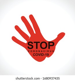 Big red warning hand sign STOP. Coronavirus. COVID-19. Vector information symbol biological hazard risk.