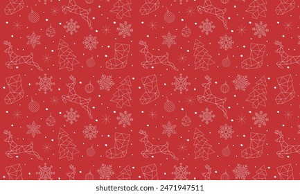 Big Red and White Seamless Christmas Pattern filled with xmas decorations. Fun Christmas Pattern of xmas ornaments and icons. For backgrounds, presentations, wrapping papers, prints, artworks. Vector	