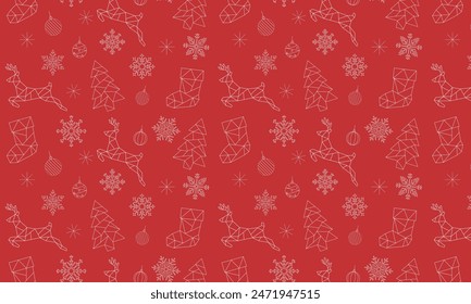 Big Red and White Seamless Christmas Pattern filled with xmas decorations. Fun Christmas Pattern of xmas ornaments and icons. For backgrounds, presentations, wrapping papers, prints, artworks. Vector	