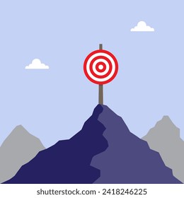 Grosses rotes und weißes Ziel auf dem höchsten Hochblauen Berg, Business-Ziele-Ideenkonzept, Vektorflachdesign-bearbeitbare Form und Kopienraum für Text