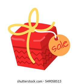 Big red with yellow bow present for Christmas sale on white background. Vector illustration of holiday gift as element of holiday decor. Box with its own design of red stitches on walls and orange tag
