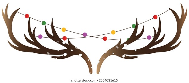 Big reindeer antlers with Christmas light colorful garland isolated on white background. Vector illlustration eps.