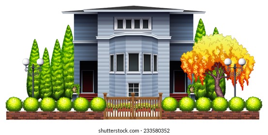 A big residential house with fence and plants on a white background 