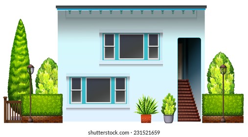 A big residential house with plants on a white background 