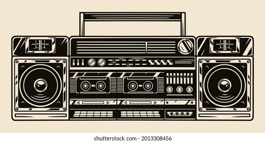 Gran concepto de grabador estéreo de cassette retro en la ilustración vintage de vector aislada de estilo monocromo