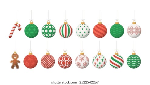 Big retro christmas balls set isolated on a white background. green white and red Set of beautiful Christmas decoration. Christmas elements, design for Christmas card, greeting card.