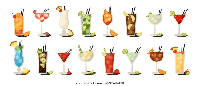 Big retro cocktails set. Colorful summer alcohol drink illustrations. Vintage style alcohol cocktails for bar, restaurant and club design.