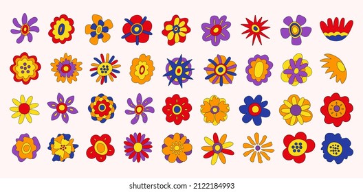 Big retro collection of colorful hippie flowers. Vintage festive groovy botanical design. Trendy vector illustration in 70s and 80s style.	