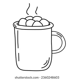 Big retro cup with hot chocolate and marshmallow, doodle style flat vector outline for coloring book