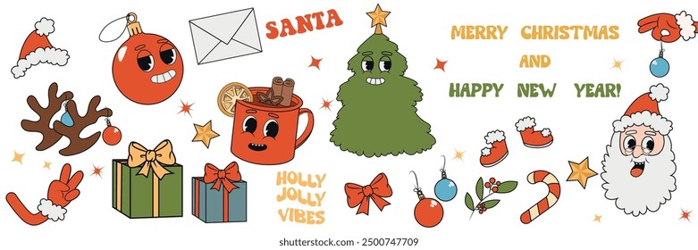 Big retro groovy Christmas set. Groovy cartoon illustration style white background. Santa Claus, Christmas tree, gifts, holly jolly vibes, coffee in trendy retro cartoon style.