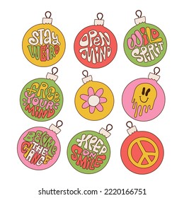 Big retro groovy set of Christmas balls with hippie lettering wishing quoted and decor isolated on a white background. Trendy contour vector illustration in style 70s, 80s