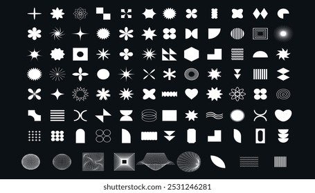 Big retro set geometric abstract shapes black on background. Trendy abstract minimalist figures, stars, flowers, circles. Vector modern abstract graphic elements. Brutalist geometric shapes.