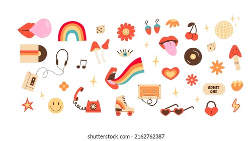 Big retro set of stickers with hippie culture elements. Positive psychedelic flat colored icons in 70s 80s style. Old fashioned vintage objects and signs. Vector illustration isolated on background.