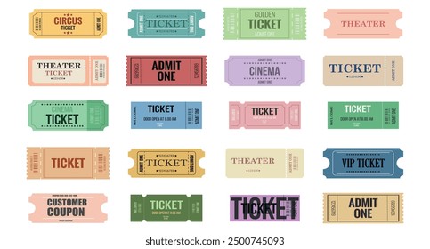 Big retro tickets set for casino, theater, cinema, movie, film, festival, club, music, concert, boarding, lottery white isolated background Event admission, entrance pass. Admit one ticket template.