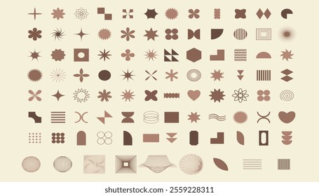 Big retro trendy Mocha Mousse color set geometric shapes milk background. Trendy abstract minimalist figures, stars, flowers, circles. Modern abstract graphic elements. Brutalist geometric shapes.