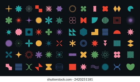 Big retro vintage set geometric shapes black isolated background. Trendy abstract figures, stars, flowers, circles. Modern abstract graphic design elements.