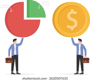 Grande retorno sobre pequenos investimentos, marketing e participação de mercado, acionistas, investidores ou acionistas investir e obter uma participação do gráfico de pizza

