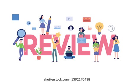 Big review text with customers giving online feedback concept for business banner flat vector illustration isolated on white background. Consumers opinion survey concept.