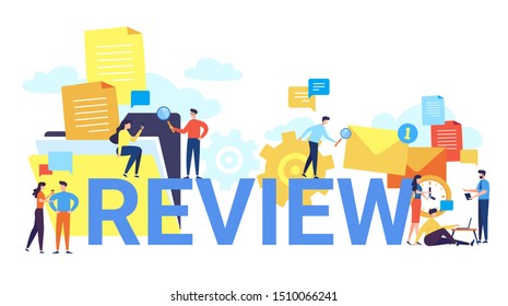 Big Review word, small people around it. Modern flat concept illustration. Idea of feedback, business and people