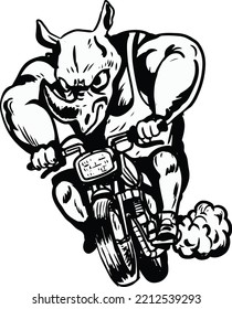 big rhino riding motor cycle hand drawn black and white vector illustration clip art