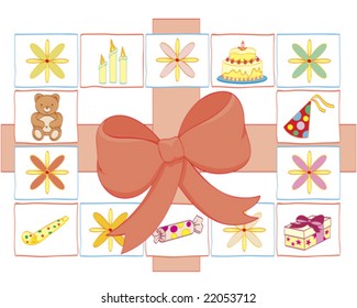big ribbon framed with varieties of birthday elements