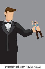 Big rich man squeezing little middle class man. Creative vector illustration on being squeezed metaphor isolated on grey background.