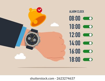 Grande sino de anel, aplicação de gerenciamento de tempo no relógio de pulso. Ilustração vetorial moderna plana