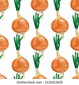 Big ripe onions with sprouted herbs, dry root. Seamless pattern, vector.