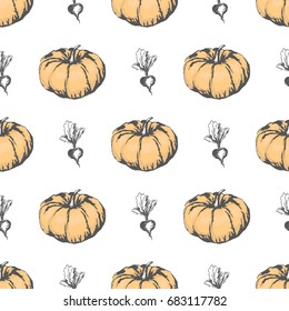 Big ripe orange pumpkin and small monochrome sweet beet vector illustrations formed in endless texture. Organic food seamless pattern.