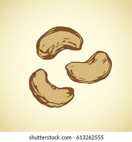 Big ripe tasty Anacardium occidentale isolated on white backdrop. Freehand outline ink hand drawn picture sketchy in art retro scribble style pen on paper. Closeup view with space for text