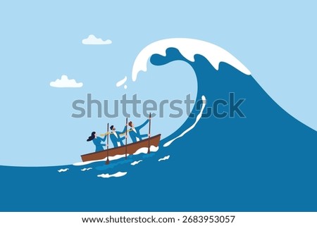 Big risk problem, danger or challenge, fear of crisis or disaster, courage or determination to overcome problem, vulnerability or hopelessness concept, business people face big wave danger problem.