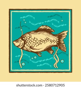 Big river fish swimming underwater. Sketch, icon, color picture. Vector illustration