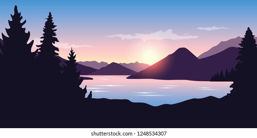 big river and forest nature landscape at sunrise in purple colors vector ilustration EPS10