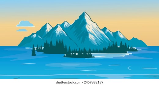 Big river with Mountain and yellow sky for cartoon