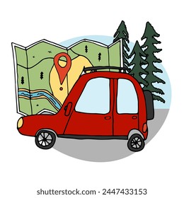 Big road map with red car, trees. Traveling on car to wild places. Hiking in the mountains, forest. Colored doodle illustration isolated on white background. Cute hand drawn sketch in bright colors.