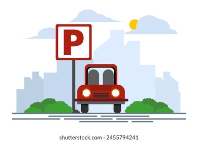 Big road sign parking concept. looking for a parking space, parking the car. Public car parking in big city. Urban transportation. Modern flat cartoon style. Vector illustration on white background.